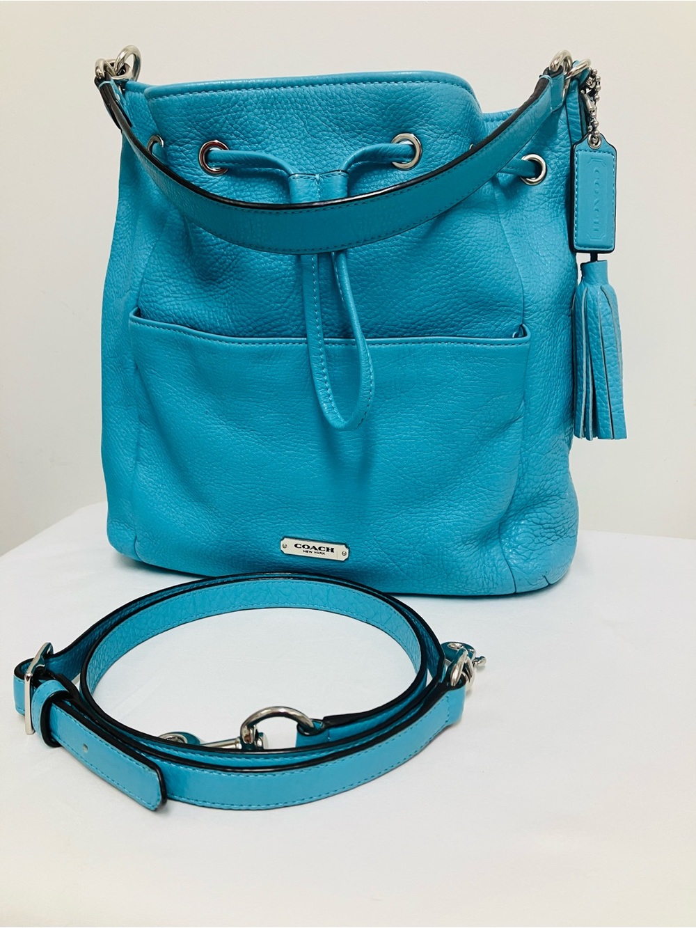 Coach Avery Pebble Leather Bucket Drawstring Bag with Tassel